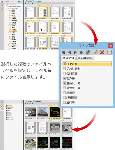 選択した複数ファイルへラベルを設定し、ラベル毎にファイルを表示します。