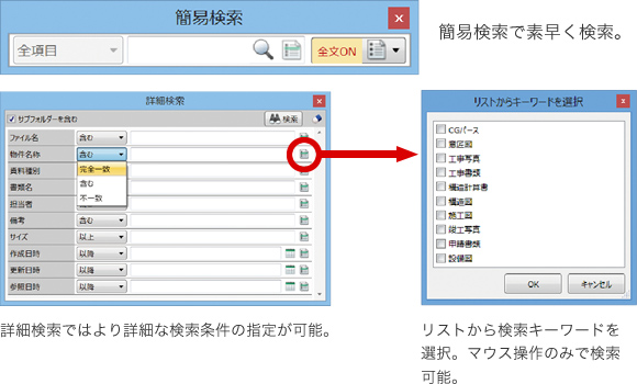 簡易検索で素早く検索。詳細検索ではより詳細な検索条件の指定が可能。リストから検索キーワードを選択。マウス操作のみで検索可能。